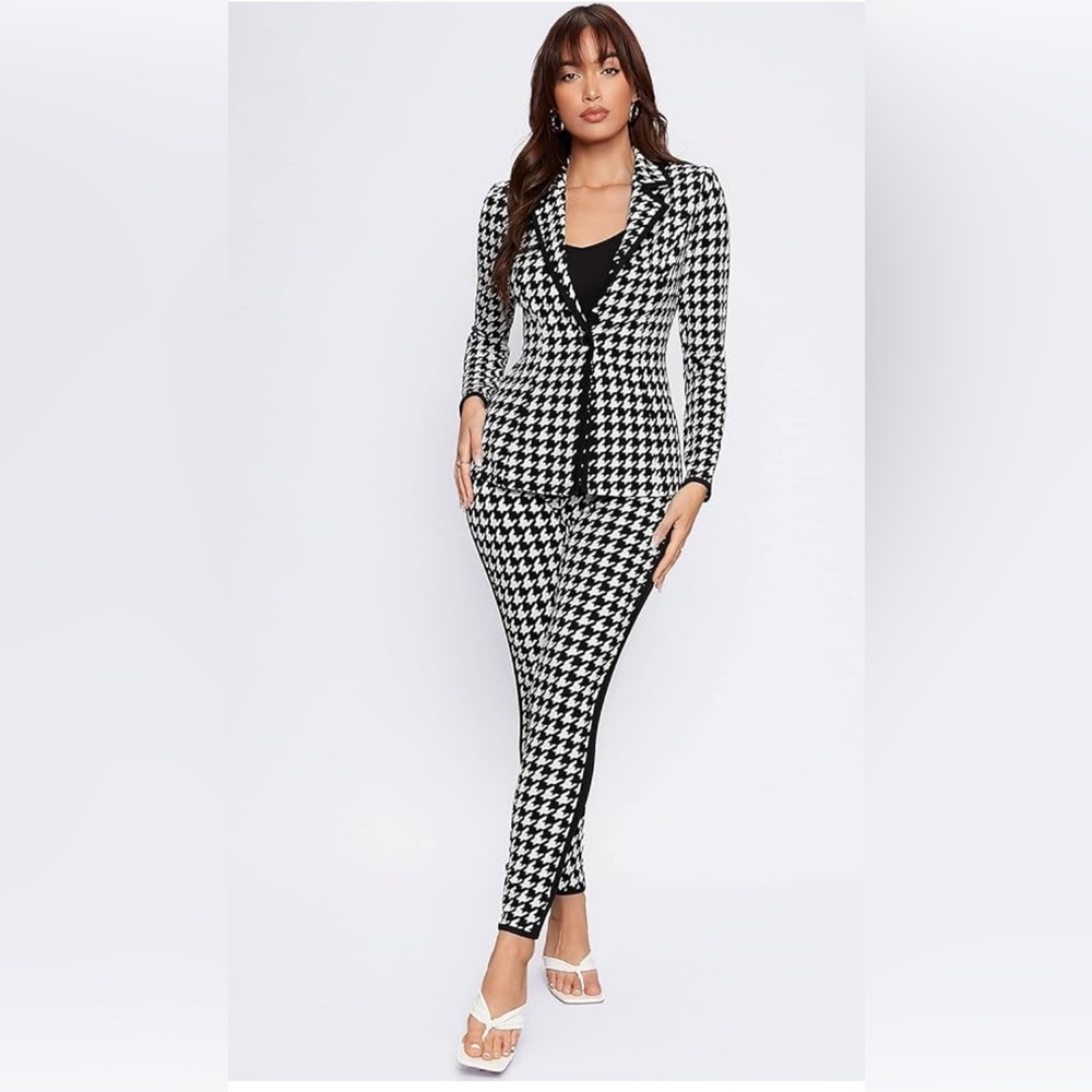 Chicme Black White Houndstooth Print Blazer & Pants Suit Set Large